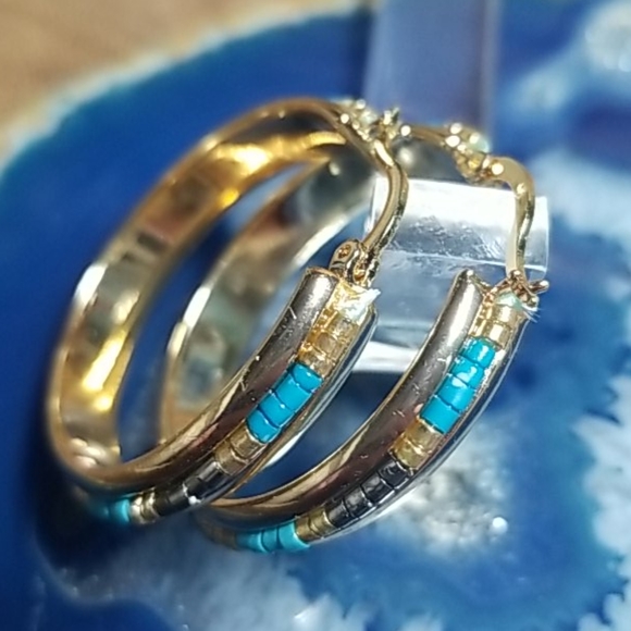 Beaded Gold Hoop Earrings - Picture 8 of 11